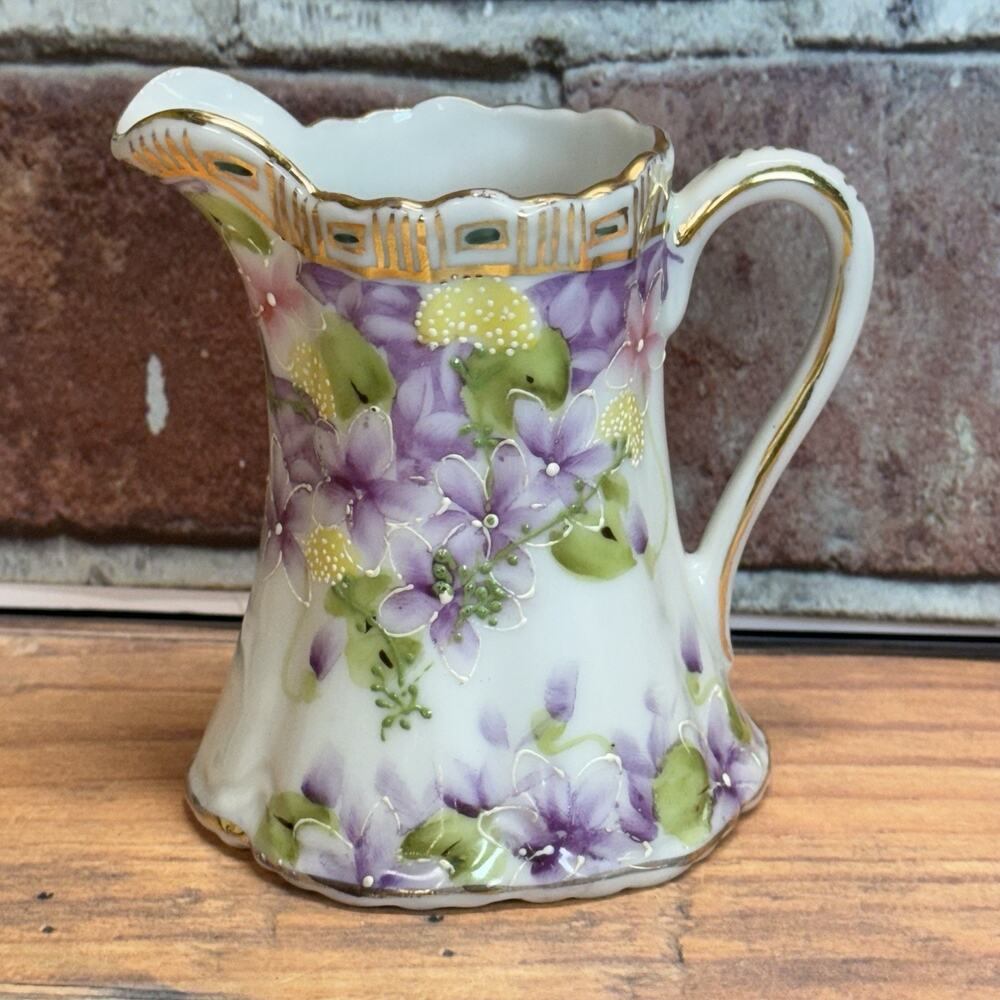 Antique Nippon Morimura Gumi Moriage Maple Leaf Mark Floral Pitcher Vase
